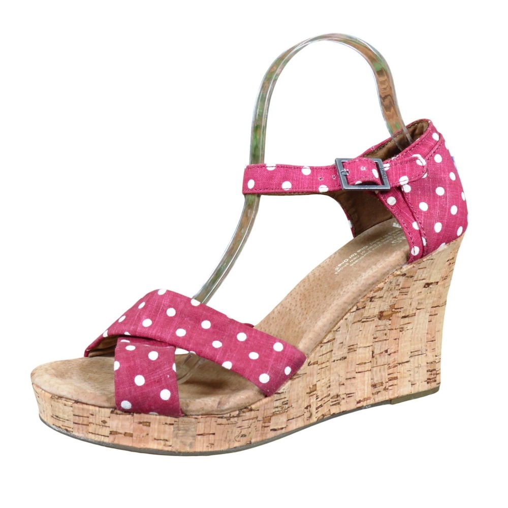 TOMS Strappy Wedge Women Shoe Size 10 Summer Vacation Red Polka Dot Canvas Cork